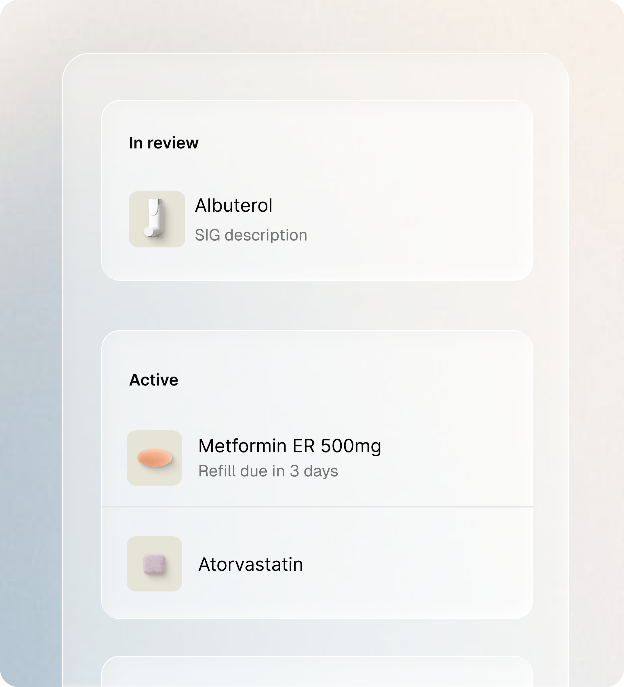 Clara prescription management showing active medications and refill requests